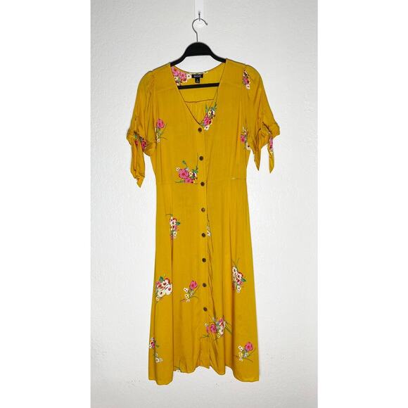 A.N.A A New Approach Women's Golden Yellow Rayon Floral Midi Dress Tie Sleeves - Picture 2 of 6